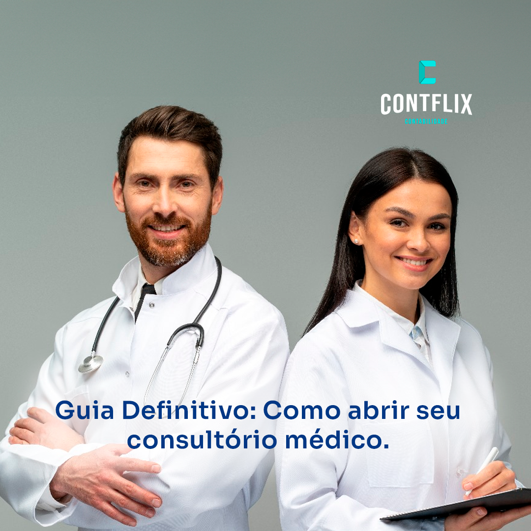 Ilustração de um consultório médico moderno sendo preparado para inauguração, com médicos revisando planos e documentos.