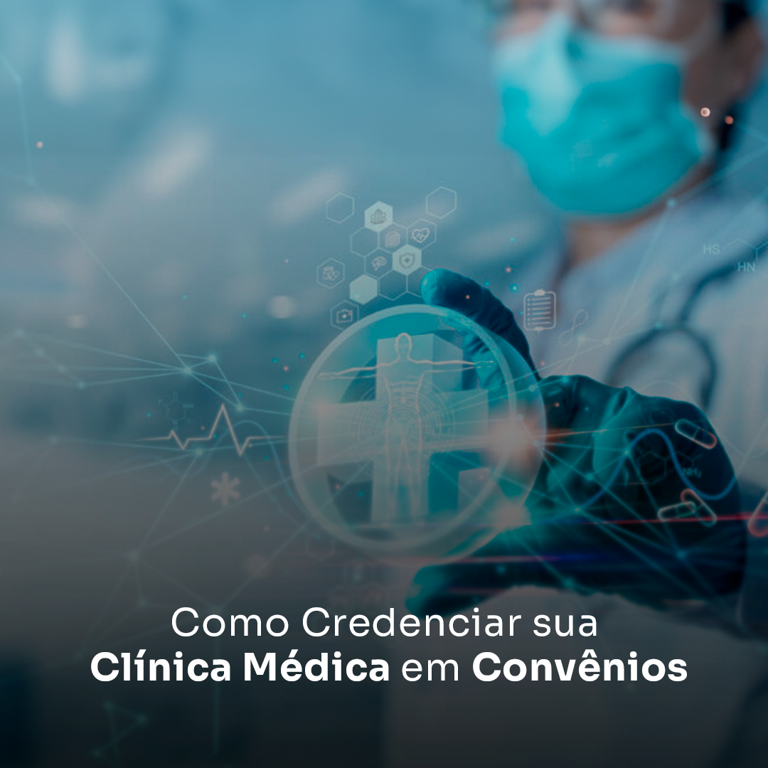 Representação de uma clínica médica sendo credenciada em convênios médicos, com profissionais revisando documentos e contratos.